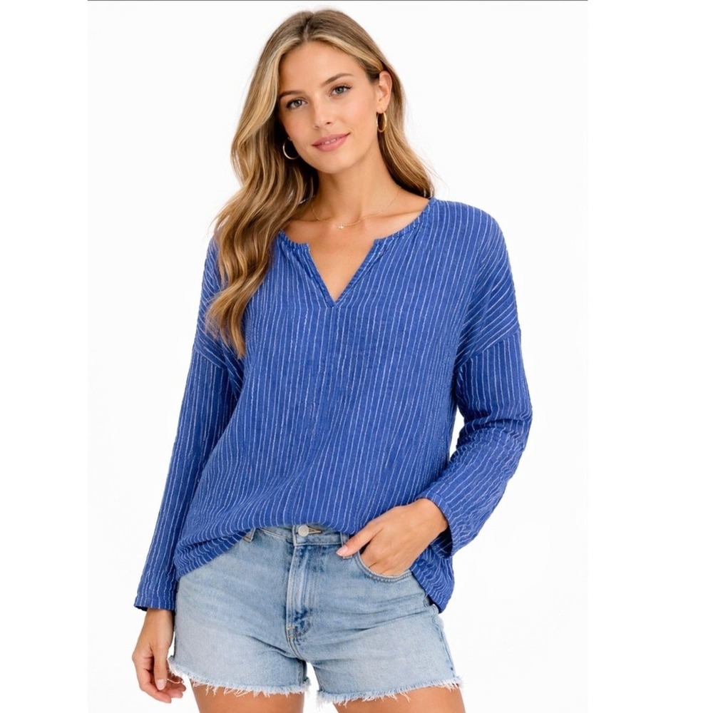 Lou & Grey Shirt Womens OS Striped V Neck Pullover Blue White Long Sleeve Casual